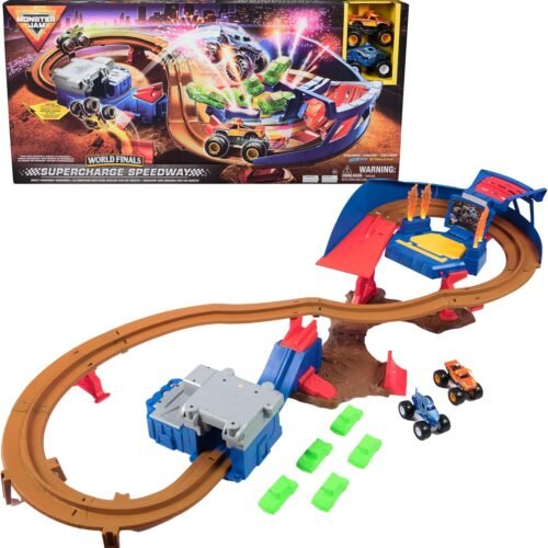 81YqWPZfV1L._AC_SL1500_ Monster Jam, Supercharge Speedway Playset, Megalodon and El Toro Loco Die-Cast Monster Trucks, Light Up World Finals Track Kids Toys for Boys Ages 3+